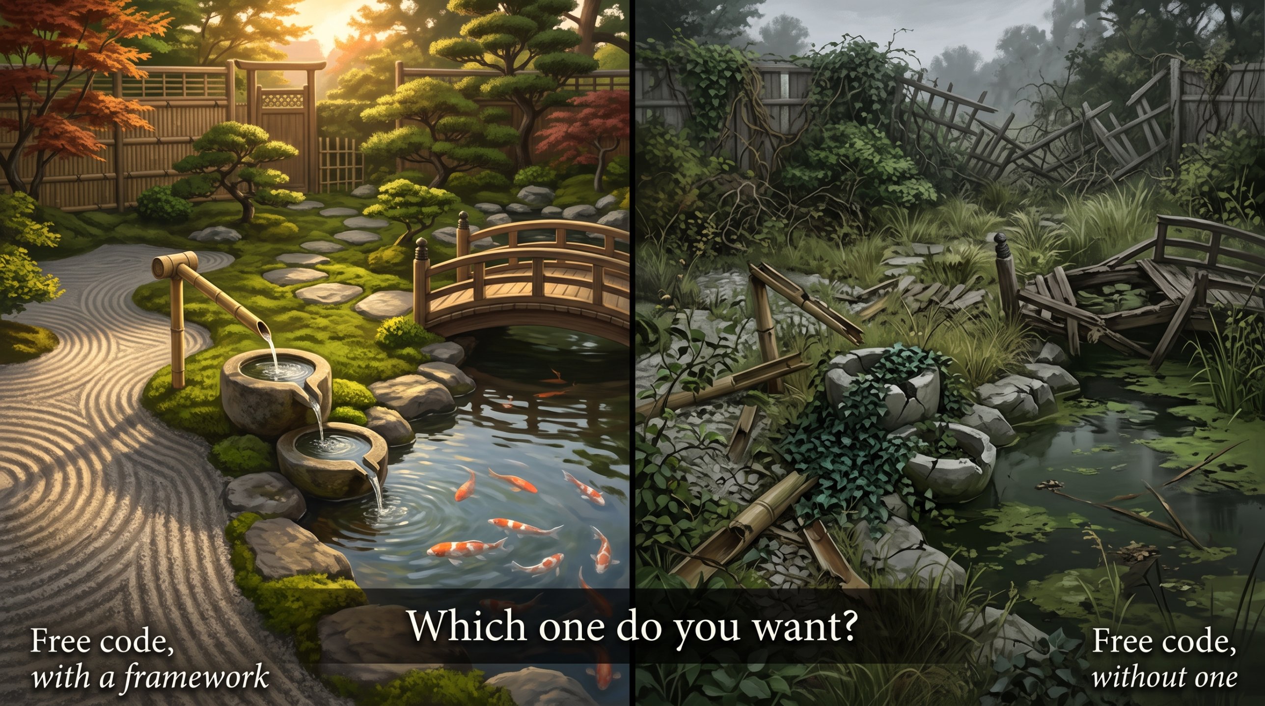 Split illustration: on the left, a Japanese garden with raked gravel, flowing water and koi, labeled "Free code, with a framework"; on the right, the same plot overgrown and stagnant, labeled "Free code, without one". Caption: Which one do you want?